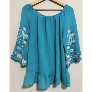 Figueroa & Flower Women's L Shirt Turquoise Embroidered Top Boho Peasant